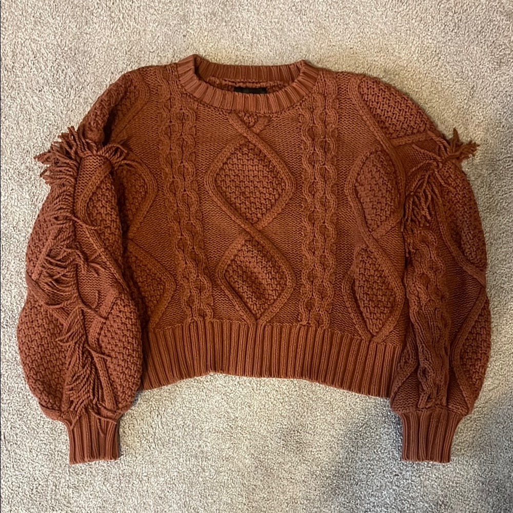 Women's Cable Knit Sweater with Fringe on sleeve - Rust Color